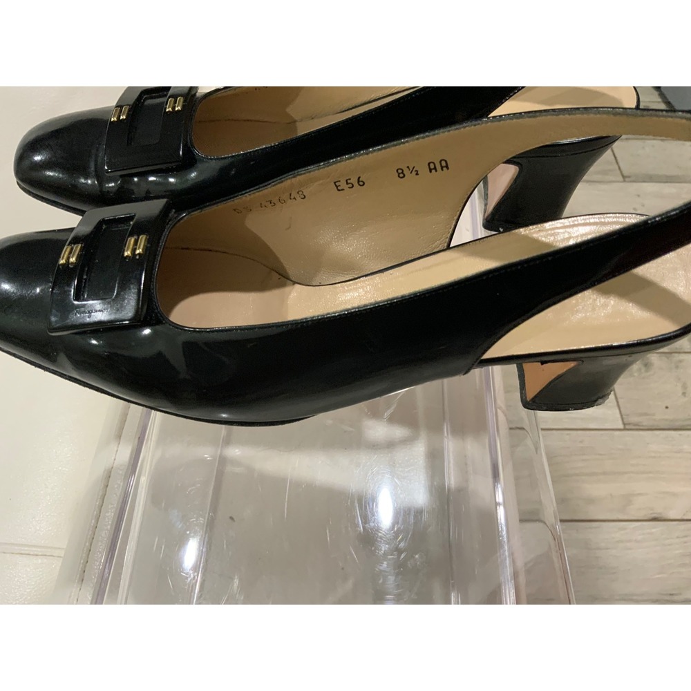 Salvatore Ferragamo Black Patent Leather Slingback Pumps Square Toe E56 8.5 AA - Picture 9 of 11